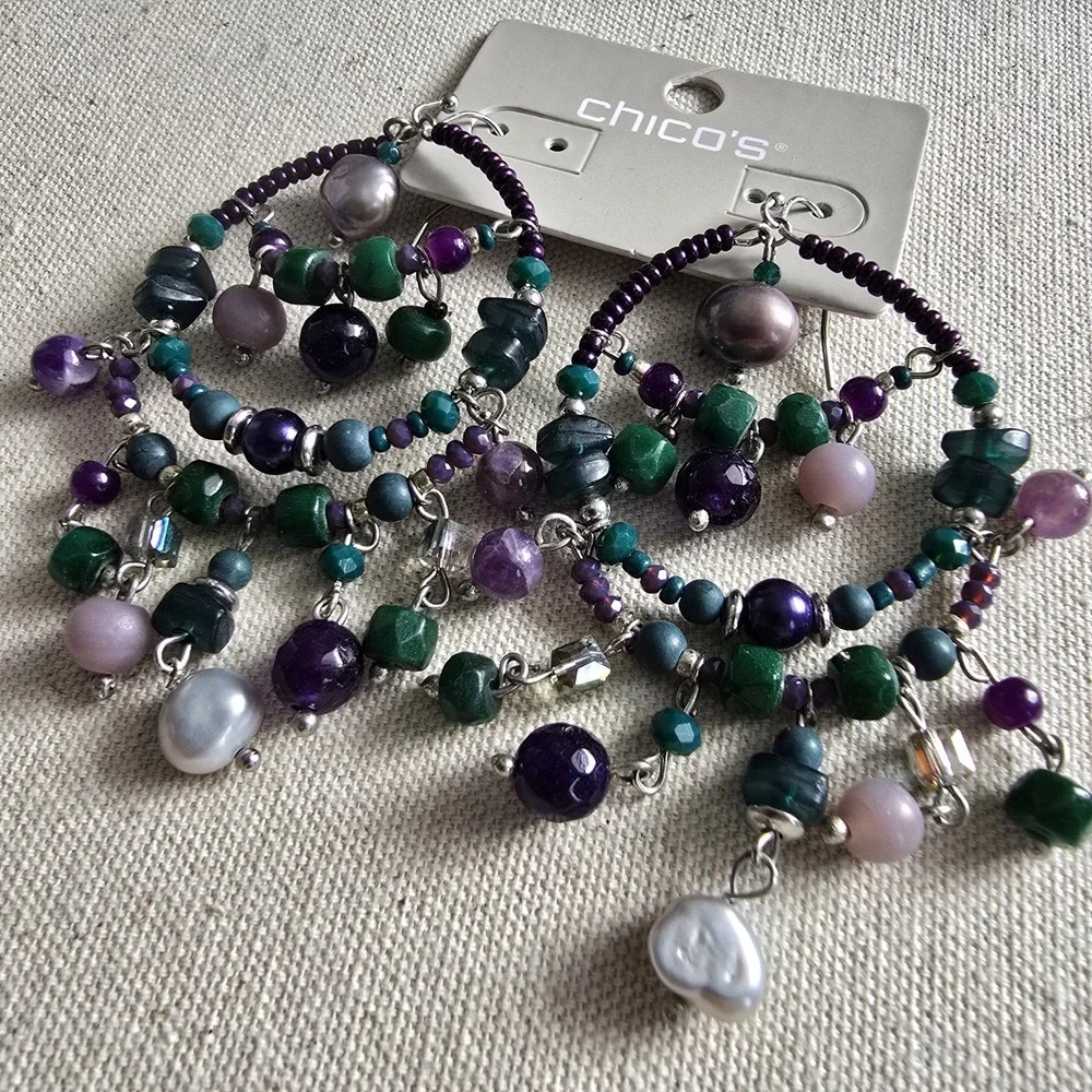 NWT Chico's Declan Green Purple Beaded‎ Chandelier Hoop Earrings Boho Statement
